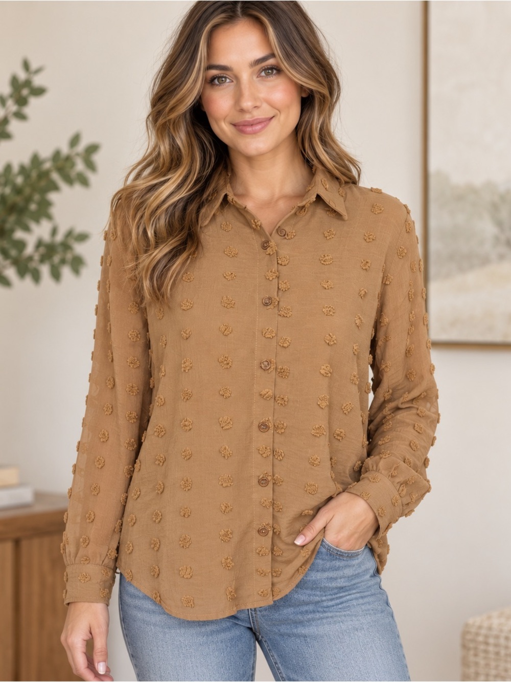Women’s Medium Mocha Brown Swiss Dot Sheer Button Down Blouse Lined Boho